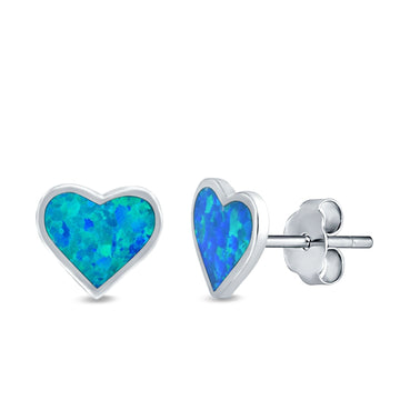 Heart Stud Earrings Lab Created Blue Opal 925 Sterling Silver (8mm)